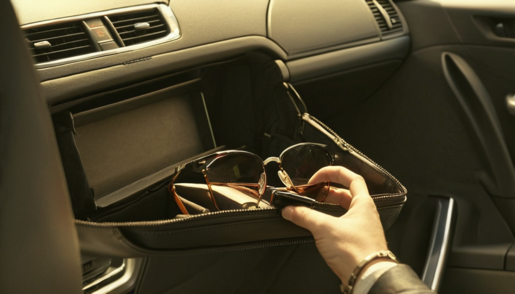 Mano che apre il cassetto portaoggetti di un'auto, il posto in cui quasi tutti tengono la carta di circolazione
