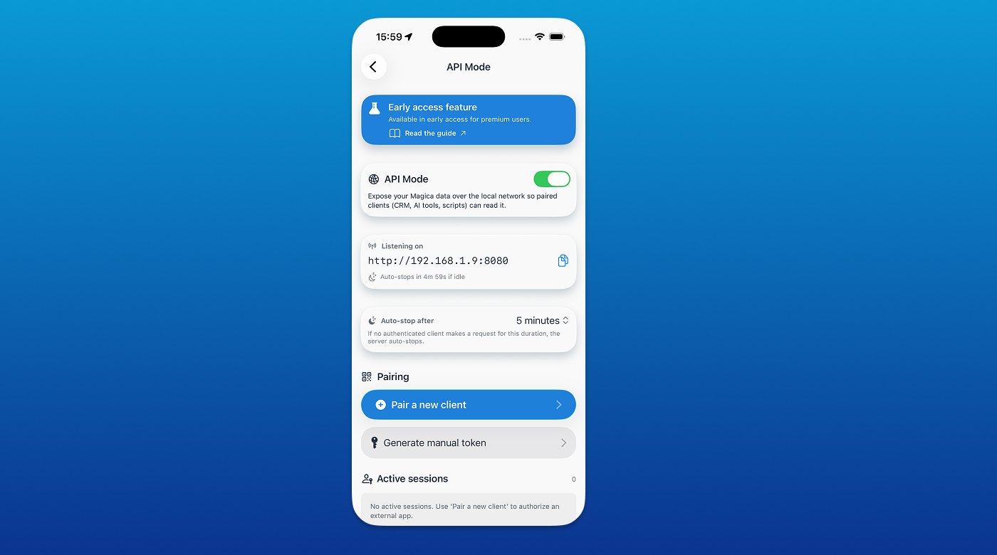 Magica's API Mode turned on, showing the local server address (Listening on) your AI assistant connects to, plus the idle auto-stop