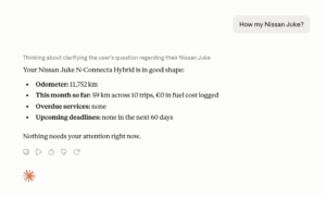 Claude answering “How's my Nissan Juke?” with live data from the Magica app: odometer, monthly kilometres, fuel cost and deadlines