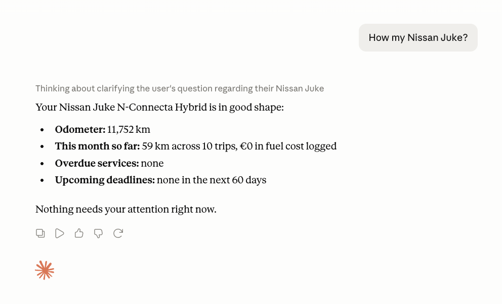 Claude answering “How's my Nissan Juke?” with live data from the Magica app: odometer, monthly kilometres, fuel cost and deadlines