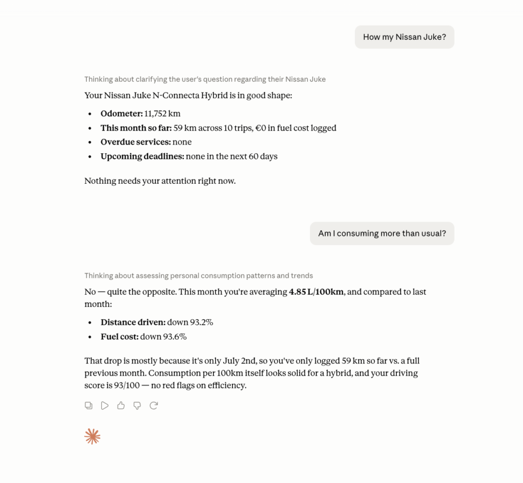 Claude answering follow-up questions about a Nissan Juke — a monthly check-up and a fuel-consumption comparison — using Magica data
