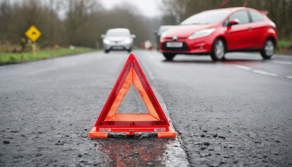 Un triangolo di emergenza sull'asfalto bagnato con due auto ferme e sfocate sullo sfondo dopo un tamponamento
