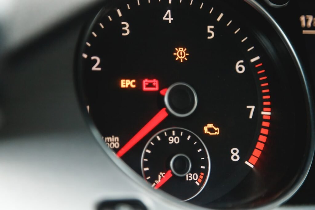 Spia motore gialla accesa sul quadro strumenti di un'auto, insieme ad altre spie di avaria